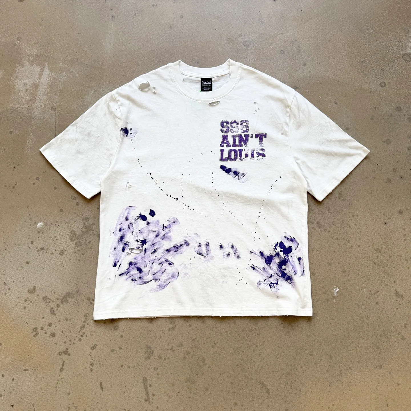 P138 #【Two Colors】CTS-108 Saint Street Dirty street graffiti style T-shirt. Ready-made hand-painted splash ink + multi-position manual destruction + heavy Assute fermentation mill spray horse wash process. Full of retro and high-end feeling. Size: S M L XL